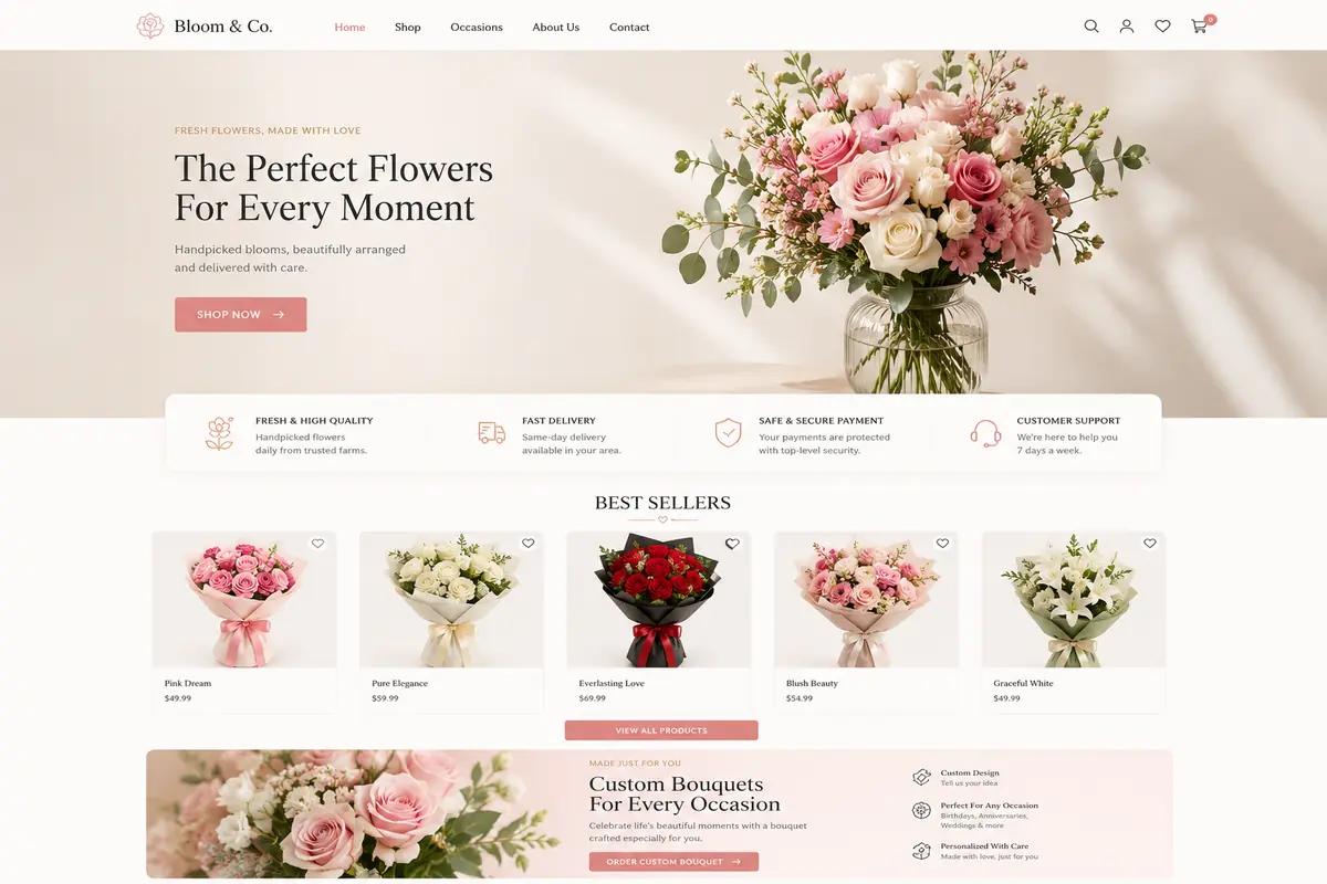 Elegante webshoprichting voor bloemen, beauty en cadeauproducten